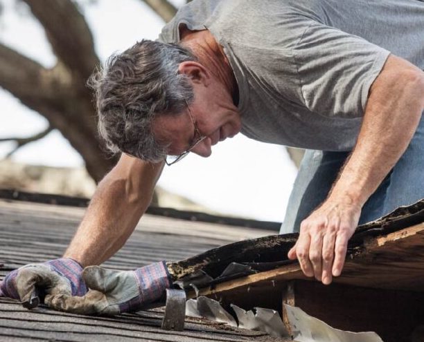 Close up view of man using crowbar and saw to remove rotten wood from leaky roof decking. After removing fascia boards he has discovered that the leak has extended into the beams and decking.
